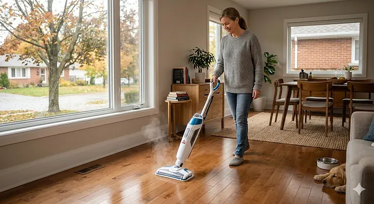 A person using a high-quality steam mop on hardwood floors in a modern Canadian home during winter.
