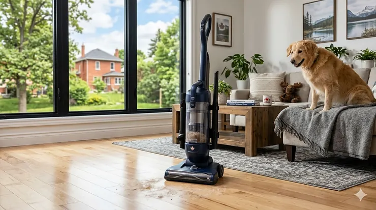 A powerful upright vacuum for pet hair and hardwood floors being used in a sunlit Canadian living room with polished maple flooring.