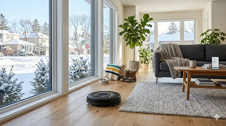 A smart WiFi robot vacuum cleaning a modern Canadian living room with hardwood floors and a view of a snowy backyard.
