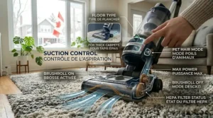 Illustration of vacuum controls with English and French labels for the Canadian market.