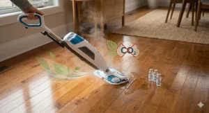 A photorealistic, high-detail macro shot of a steam mop head actively cleaning a maple hardwood floor, emphasizing eco-friendly and chemical-free home care in Canada.