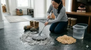 A person using a mop to clean up melted grey slush and corrosive road salt near a mudroom entrance.