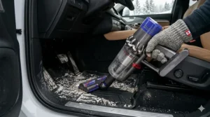 A person using a cordless vacuum to quickly clear a puddle of melted snow and grit before it stains the floor.