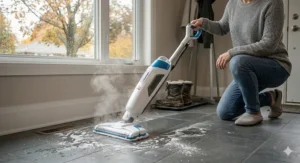 A photorealistic illustration of a steam mop dissolving white winter salt stains and mud on dark grey slate tile in a Canadian home entryway.