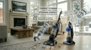 A compact bagless upright vacuum folded for storage in a small space, showcasing a narrow design ideal for Canadian urban condo living.