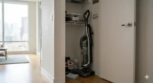 A compact upright vacuum stored neatly in a small Canadian apartment closet alongside winter gear, demonstrating space-saving design for urban living.
