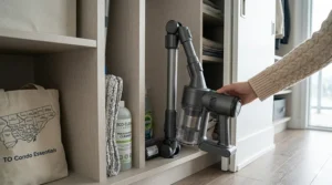 A space-saving 2-in-1 stick vacuum stored neatly in a compact Toronto condo closet alongside household essentials.