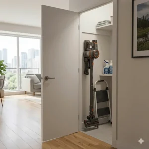 Compact cordless vacuum under $200 stored in a small Toronto condo closet, highlighting space-saving design for Canadian urban living.