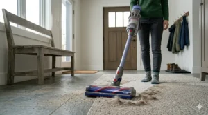 A cross-section illustration of a cordless vacuum transitioning from maple hardwood to low-pile carpet.