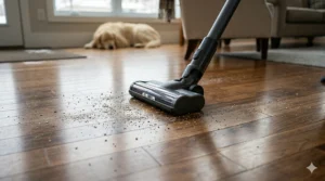 Illustration of a lightweight cordless stick vacuum effectively cleaning dust on light-colored Canadian maple hardwood flooring in a bright room.