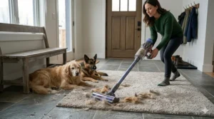 An illustration of a high-suction cordless vacuum removing pet fur from a plush area rug.