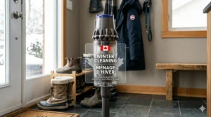 Infographic showing a long-lasting battery icon despite the cold Canadian climate, ideal for quick slush cleanups.