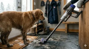 Compact cordless vacuum being used to clean salt-crusted black rubber car mats in a snowy driveway.