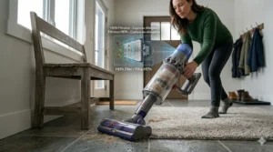 Detailed illustration of a HEPA filtration system in a cordless stick vacuum capturing Canadian seasonal allergens.