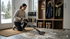 Using a versatile cordless vacuum under $200 to clean dried salt and dirt from a Canadian mudroom entryway during winter.