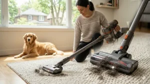 Illustration of a cordless vacuum under $200 removing dog hair from a rug, ideal for Canadian pet owners looking for affordable cleaning solutions.