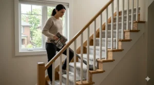 Lightweight cordless vacuum under $200 being used on carpeted stairs in a suburban Canadian semi-detached home.
