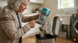 Simple diagram of a one-button easy-empty dust bin on a lightweight upright vacuum, highlighting mess-free maintenance for seniors.