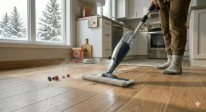 An electric mop polishing light oak hardwood floors in a sunlit Canadian living room.