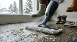 High-detail illustration of an electric mop cleaning spilled food and coffee from a modern kitchen floor.