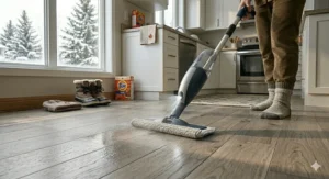 4K illustration of an electric mop with LED headlights illuminating dust and debris on a wood floor.