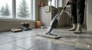 A detailed shot of an electric mop using steam to sanitize a gray laminate floor in a Canadian home.