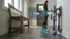 A sleek cordless stick vacuum charging on a wall mount, emphasizing energy efficiency for eco-conscious Canadians.