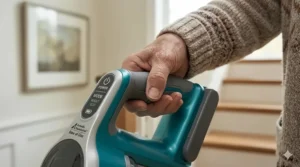Close-up illustration of an ergonomic handle on a lightweight upright vacuum designed for seniors with arthritis or limited grip strength.