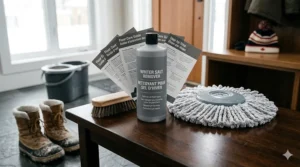 Canadian floor care guide for winter salt removal featuring bilingual English and French maintenance tips on a product bottle.