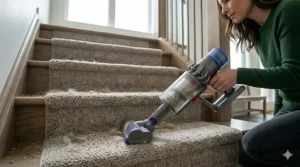 Using a cordless stick vacuum in handheld mode to clean carpeted stairs in a suburban Canadian townhouse.