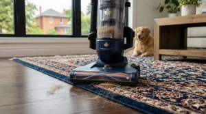 An upright vacuum transitioning smoothly from dark oak hardwood to a thick decorative area rug to remove pet hair.