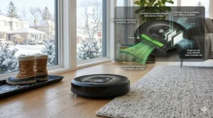 Diagram of a WiFi robot vacuum with a HEPA filter capturing dust and allergens in a Canadian household.