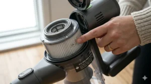 Close-up illustration of a high-efficiency HEPA filter in a stick vacuum, ideal for Canadian homes during peak allergy seasons.