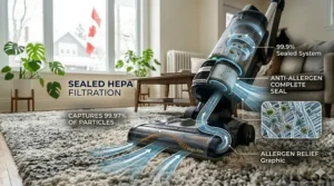 Graphic of a HEPA filtration system in an upright vacuum capturing allergens in a sealed Canadian home.