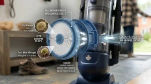 Diagram of a sealed HEPA filtration system capturing pet dander and allergens, ideal for indoor Canadian winters.