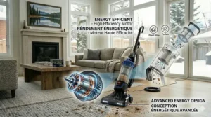 An energy-efficient bagless upright vacuum with a high-efficiency motor callout in English and French, emphasizing advanced eco-friendly design.
