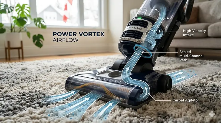 Diagram showing airflow of an upright vacuum cleaner for thick carpets and high-pile rugs.