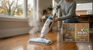A photorealistic infographic illustration of a steam mop sanitizing floors, showing a before-and-after comparison that highlights the removal of 99.9% of germs.