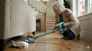Illustration of LED headlights on a vacuum base illuminating dust under a sofa, making cleaning easier for seniors with low vision.