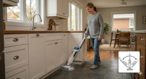 A photorealistic image of a woman easily maneuvering a lightweight, ergonomic steam mop into tight kitchen corners and under cabinets in a Canadian condo.
