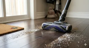 Close-up of an ultra-lightweight cordless vacuum for hardwood, weighing under 5 pounds for easy use in Canadian multi-story homes.