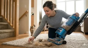 A woman easily carrying a lightweight bagless upright vacuum up carpeted stairs in a Canadian townhome.