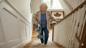 Illustration showing a senior easily carrying a lightweight upright vacuum up a flight of stairs in a two-story Canadian home.