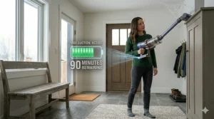 Icon showing a cordless stick vacuum battery indicator highlighting 60 minutes of runtime for large Canadian homes.