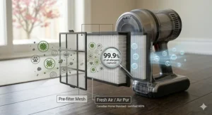Graphic showing long battery runtime of a cordless hardwood vacuum, sufficient for cleaning an entire open-concept Canadian house on one charge.