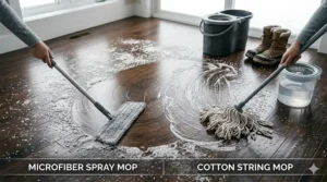 Side-by-side comparison of a microfiber spray mop and a cotton string mop for winter salt removal efficiency on tile.