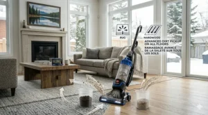 Close-up of a bagless upright vacuum cleaning debris from both an area rug and hardwood flooring, highlighting versatile multi-surface performance.