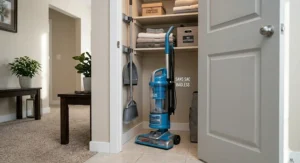 Upright vacuum cleaning debris and dried pine needles on a mudroom entryway rug, a common Canadian winter cleaning task.