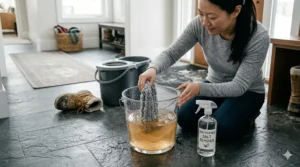 An eco-friendly vinegar-based cleaning solution being prepared with a mop for natural winter salt removal on home floors.