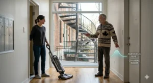 A friendly interaction between neighbors in a hallway, demonstrating that the quietest upright vacuum for apartments prevents noise complaints in shared-wall buildings.
